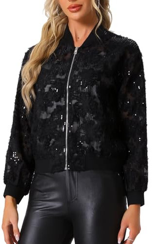 Allegra K Women's Sequin Jacket Long Sleeve Zipper Sparkly Party Bomber Jacket Black 3XL