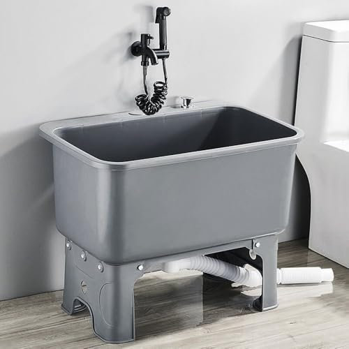 DSKJHI Fregadero Plastico con Patas, Fregadero Portatil con Lavabo de Cámara Profunda para Lavar Ropa, Fregonas, Bañar Mascotas, Cubo de Limpieza, Blanco, Negro, Gris(Gris)