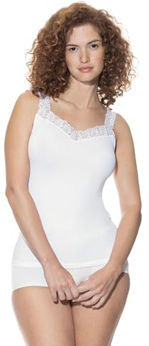 Mey Damen Top V-Ausschnitt Serie Emotion Elegance | Schmale Passform, Leichter Spitzenverzierung, Gestickte Spitze, Breite Träger, vorne komplett aus Spitze, Gr. 38-48
