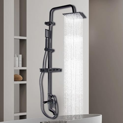 Gziztx Regendusche Duschsystem Schwarz Edelstah Regendusche Set mit 20 x 20 CM Kopfbrause und Handbrause, Ablage