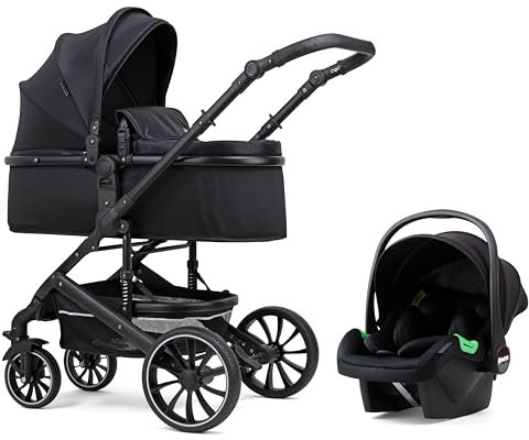 Pixini Kalani 3 in 1 Kinderwagen schwarz Premium Set inkl. Babywanne, Buggy Sportsitz, Auto-Babyschale i-Size zertifiziert – Kombikinderwagen gefedertem Gestell großem Einkaufskorb, Komfort-Fußbremse