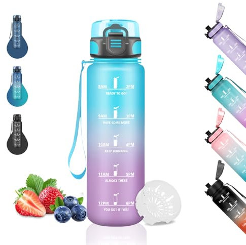 Gourde- 500ml- Gourde Enfant, Gourde Graduée, Anti-Fuite, Gourde Sport avec Marqueur de Temps, Gourde Motivation pour Garçons&Filles, Bouteille d'eau pour l'École, Voyage, Velo, Camping, Bleu-Violet