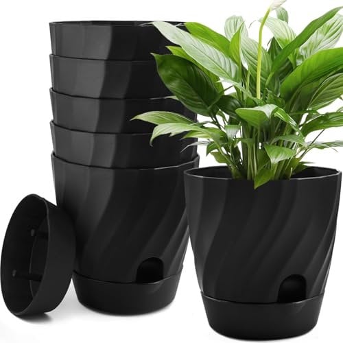 KAHEIGN 6 Pièces Pots de Fleurs Auto-Arrosants, 12CM Rond Conteneur Épais en Plastique pour Succulentes Herbes Orchidées Menthe Jardin Plantes - avec Trou D'arrosage, Drainage et Soucoupe (Noir)
