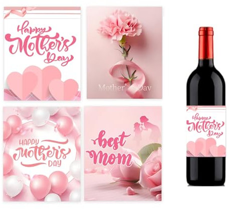 32 Pcs Mother's Day Wine Bottle Labels Stickers 4x5 Inch Party Wine Bottle Stickers Decorations for Happy Mother's Day Party Supplies（4 Styles）