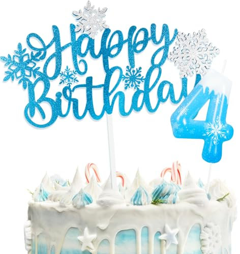 Snow Thema Kuchen Deko mit Happy Birthday Tortendeko und Geburtstagskerzen Zahl 4 für 4.Geburtstag Mädchen Junge Kinder Geburtstagsfeier