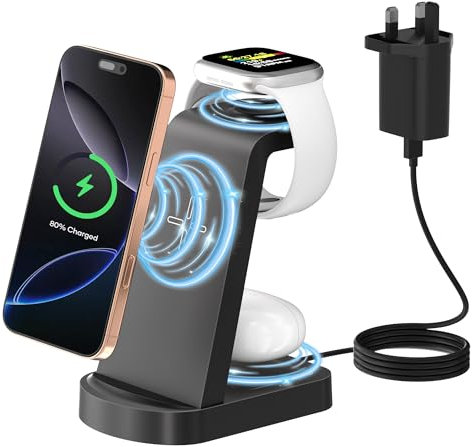 Wireless Charger,3 in 1 Wireless Charging Station Charger(With 18W Adapter) WirelessCharger Compatible with iPhone 16/15/14/13/12Pro/Pro Max,Apple Watch Ultra/10/9/8/7/6/5/4/SE AirPods Pro Black