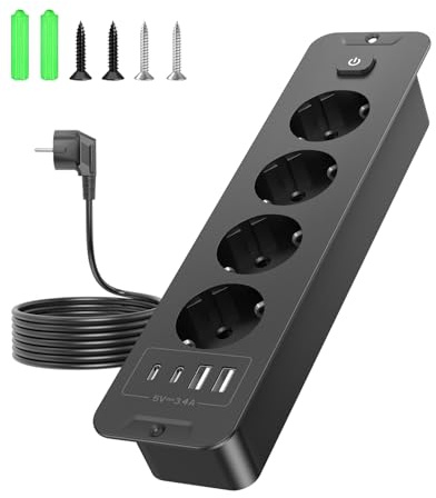Prise encastrable escamotable Vipwell avec USB - 4 Prises 4 Ports USB (2X USB-C PD20W) Rallonge 2 m - Multiprise avec USB pour Bureau, Cuisine, Salon, hôtel, Bureau