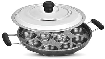 Garden Of Arts Non-Stick Aluminium Appam Pan, Paniyarakkal Paniyaram Appam Pan Pan Cake Maker Ponganal Maker Paddu Tawa 12 Cavity, with Stainless Steel Lid and Double Handles (Black)