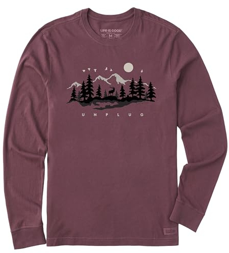 Life is Good Men's Crusher Tee, Long Sleeve Cotton Graphic T-Shirts, Unplug in The Outdoors, Mahogany Brown