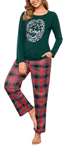iClosam Pyjama Femme Long Coton Deux Pièces avec Pantalon à Carreaux | Pyjama Femme Hiver, Coton Doux, Respirabilité Naturelle, Haut Uni, Bas à Carreaux, Nuits Fraîches, Maison Et Repos