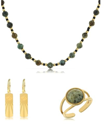 Made by Nami Mehrteiliges Schmuckset Boho Schmuck Damen Halskette Damen Ohrringe Gold Ring mit Edelsteinen aus Chirurgischem Edelstahl Wasserfest & Hypoallergen