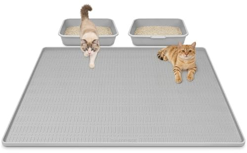 Kalolary Große Katzenstreu-Matte, Silikon-Streuauffangmatte für Katzen, Streu-Kontrolle mit erhöhtem Rand, wasserdichte Silikonunterlage für den Boden, leicht zu reinigen (Hellgrau)