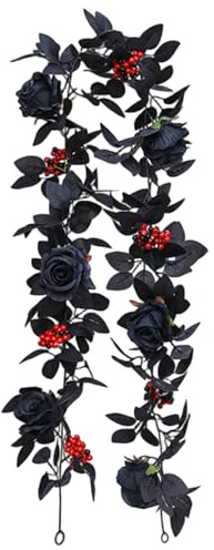 Halloween Girlande 69 -Zoll -Rosen Blume Schwarze Reben mit roten Beeren gefälschte Rosengirlande für Halloween Gothic Hochzeitstisch Herzstück Dekor