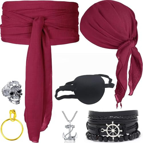 Pirate Accessories Set Damen Herren, Mittelalter Piratenkostüm Zubehör mit Piraten Kopftuch, Piratengürtel, Augenklappe, Ohrringe, Halskette und Armband, Piraten Zubehör für Halloween Karneval Cosplay