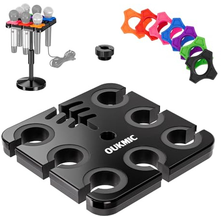 OUKMIC Multi Microphone Holder with Desktop Mic Stand, Square Tray with Cable Slots Holds Up to 7 Mics, Wired and Wireless Mic Holder for Stage Organizer and Display-7 Anti-roll Rings Included