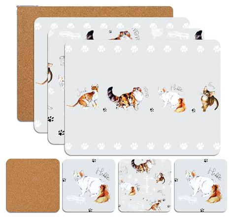 Placemats & Coasters Heat Resistant Dining Mats Set of 8 (Cute Cats) | Heat Resistant Cork Placemats And Coasters Set Of 8 For Dining Tables, Kitchens And Christmas Decor & Practical (21.5 x 29cm)