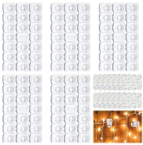 ACKKOR 100 Clips + 120 Tiras Adhesivas, Ganchos claros para Luces Decorativas, Clips pequeños para Interiores y Fiestas, Ganchos para Luces navideñas