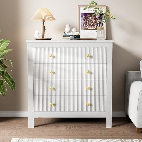Raeln Commode 79 cm Blanche à 5 tiroirs avec Texture spéciale poignées dorées Pieds renforcés chiffonnier Meuble de Rangement Console d'entrée Coiffeuse Chic