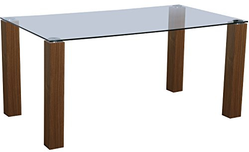 DRW Mesa de Comedor Rectangular, Madera y Cristal, Haya, 160x90x75cm