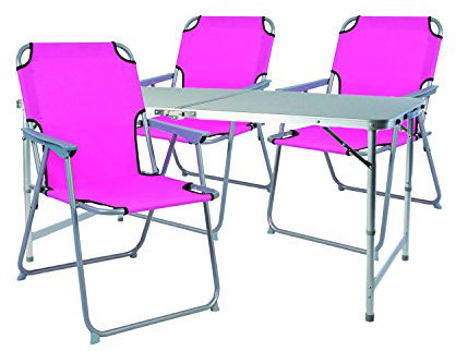 FineHome Lot de 4 Meubles de Camping Alu 120 x 60 x 58/70 cm 3 chaises de Camping en Tissu Oxford Rose + 1 Table de Camping XXL avec poignée de Transport