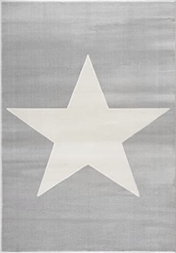 LIVONE Happy Rugs for Kids Kinderteppich Kinderzimmer Babyteppich Modern mit großem Stern in Silber grau Weiss Grösse 160 x 230 cm