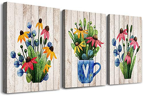 Lienzos Decorativos, Cuadros Decoracion, 3 Piezas Enmarcadas, Flores de Madera de Grano Vintage, Arte Moderno para Pared de Cocina, Sala de Estar, Cuarto de Baño, Oficina o Hogar