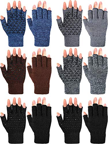 Geyoga 6 Paar Winter Fingerlose Strickhandschuhe Dehnbare Rutschfeste Halbfinger Handschuhe Warme Simsen Fäustlinge für Herren Damen (Schwarz, Marineblau, Dunkelgrau, Hellgrau, Kaffee, M)