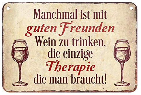 Wein Therapie Blechschild - lustiger Weinspruch für Weinkenner und Liebhaber - ausgefallenes Retro Deko Metallschild mit Kordel und Saugnapf - kreative Geschenkidee für Weinfreunde - 18x12cm