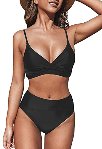 CUPSHE Damen Bikini Set Crossover High Waist Bikini Bademode Elegant Wickeloptik Zweiteiliger Badeanzug Swimsuit Schwarz XS