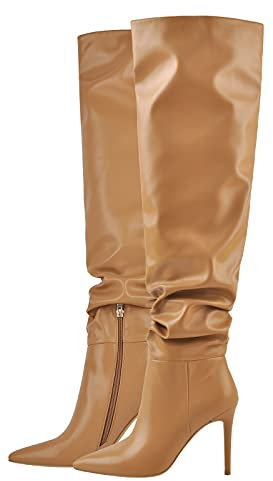 Only maker Frauen Langschaftstiefel Shlouchy Stiefel mit Reißverschluss Kunstleder gefüttert Damenstiefel lackstiefel Cognac Braun EU 38