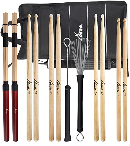XDrum Drumsticks Large Starter Set (Sticks, 5A Nylon, 5B Wood und Nylon, 7A Wood, Jazzbesen, Rods, inkl. Drumsticktasche)