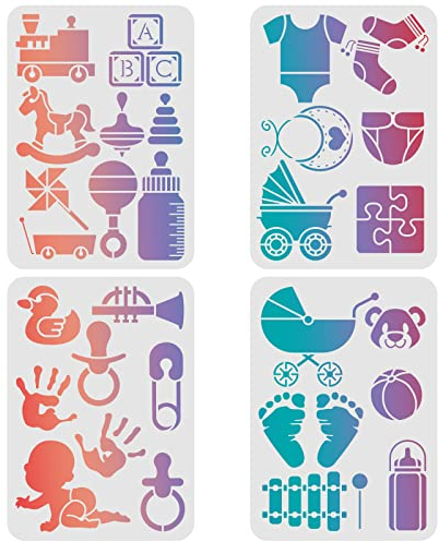FINGERINSPIRE 4 Stück Baby Thema Schablonen Vorlage 29,7x21cm Kunststoff Babyflasche Kinderwagen Wiederverwendbare Zeichnung Malschablonen für Holz, Boden, Wand, Fliesen DIY Kunst und Handwerk