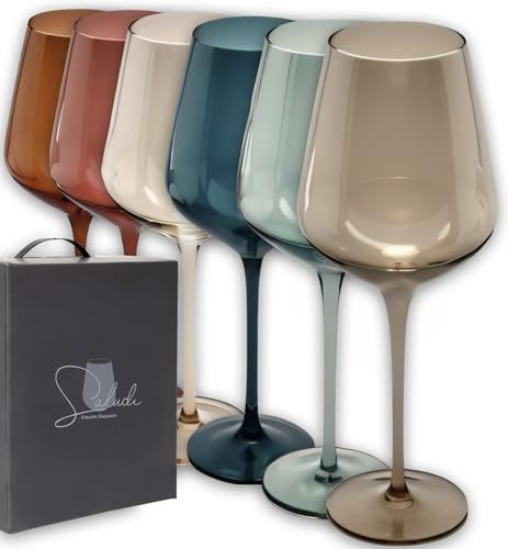 Saludi Lot de 6 verres à vin colorés à pied multicolores – Idéal pour tous les types de vin et occasions – Luxueux, durables, soufflés à la main