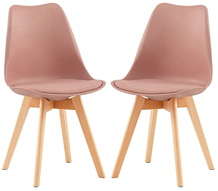 H.J WeDoo 2er Set Küchenstühle Esszimmerstühle Modern Esszimmermöbel, mit Massivholz Buchenholz Bein und Kissen aus PU-Leder, Koralle Rosa