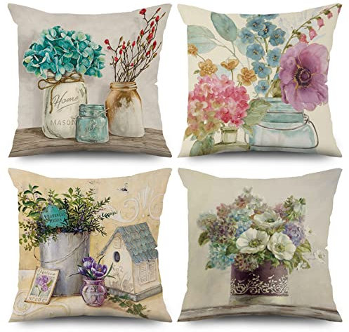 ASDCXZ Blume Kissenbezug 40x40 cm 4er Set, Retro Handgemalt Blume Sofa Kissen Dekokissen Kissenbezüge Kissenhülle Waschbar Polyester Flachs Textil Outdoor Polster Kopfkissenbezug Kissen Bezug