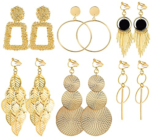 ASH'S CHOICE 6 Pairs Clip on Earrings for Women, Gold Drop Dangle Boho Fashion Earrings Set for Women, Hypoallergenic Non Pierced Gold Large Clip Earrings Set Ring Feather Leaf Long Stick Black