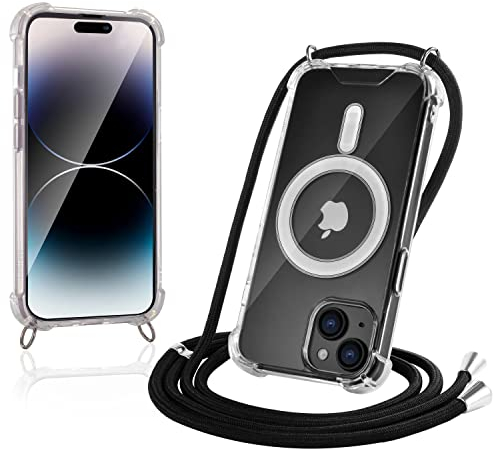 JProtect für iPhone 14 Hülle mit Band und MagSafe – Magnetische Handykette für iPhone 14 Magnet – Durchsichtige Umhängehülle Band Schwarz – Kette Handyhülle für MagSafe Zubehör
