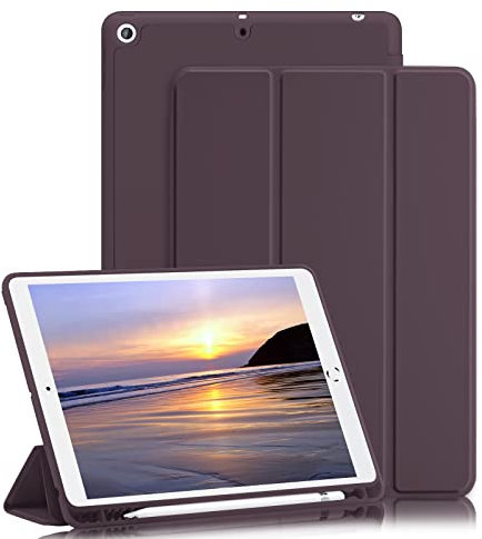 GHINL iPad 9./8./7. Generation Hülle (2021/2020/2019) iPad 10,2 Zoll Hülle mit Stifthalter [Sleep/Wake] Schlanke, weiche TPU-Rückseite, intelligente magnetische Ständer, Schutzhülle (Dunkle Kirsche)