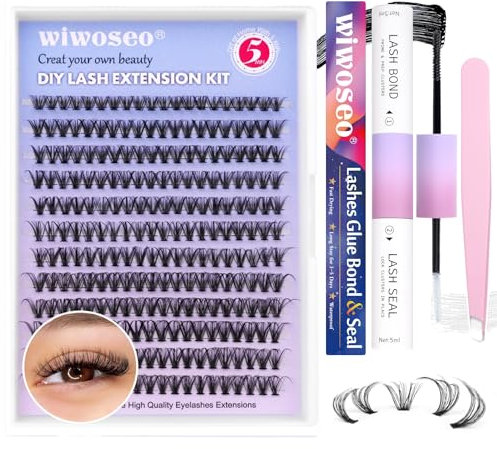 wiwoseo DIY Lash Extension Kit Cluster Lashes 240pcs Individual Eyelash Natural D Curl with Bond and Seal, Application at Home (30p, 8-16mm), Black,Transparent