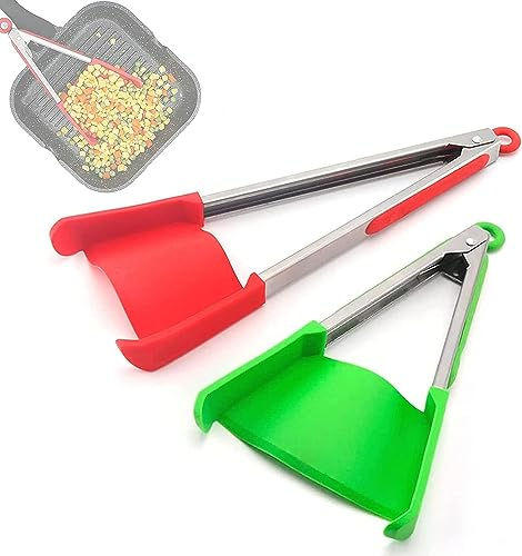 2 in 1 Spatula Tongs with Locking Clip,2 Pack Kitchen Spatula Tongs,Food Safe Silicone Cooking Tongs,9/12”Non-Slip Stainless Steel Tongs Non-Stick Food Tongs for Cooking,Serving,BBQ, Salad