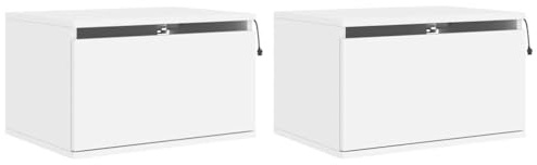 vidaXL Tables de Chevet Murales avec Lumières LED 2 pcs, Armoires de Nuit, Tables de Nuit Chambre, Moderne, Blanc Bois d'Ingénierie