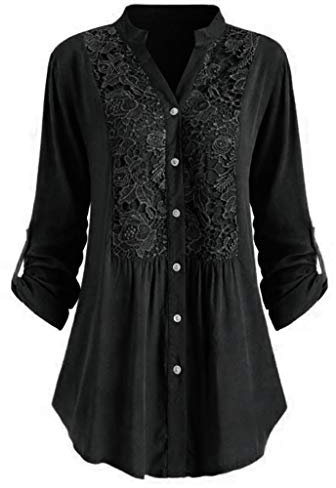 Women's Blouses & Shirts UK Plus Size 22,3/4 Sleeve Lace Tops Ladies Button Down V Neck Henley Shirts Elegant Summer Loose Tee Shirt Floaty Blouse Dressy Longline Tunic Tops for Leggings Black