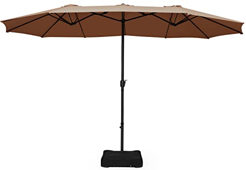 GOPLUS Parasol de Jardin Exterieur avec Pied, 4M Parasol Double Face avec Manivelle et Ventilation, Grand Parasol Extérieur pour 6 Personnes pour Marché, Piscine, Terrasse, Balcon (Café)