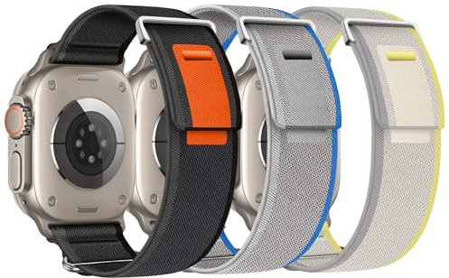 AidorMax Correa de Loop - 3 Piezas Compatible con Correas Apple Watch 49mm 45mm 44mm 42mm, Pulseras de Repuesto Deportiva de Nailon para Ultra/SE/9/8/7/6/5/4/3 (Negro/gris+Amarillo/arena+Azul/gris)