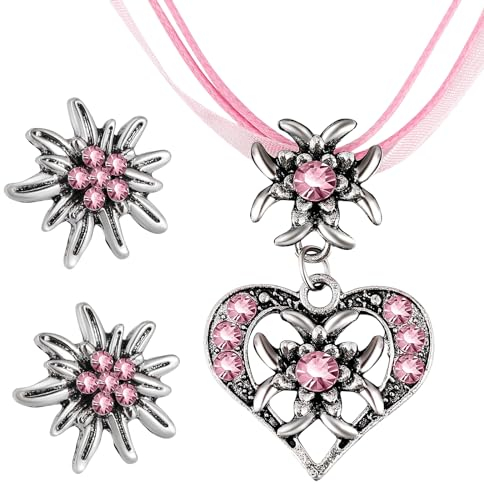 Yamobi 3 Stück Trachtenschmuck Set Dirndlschmuck Dirndl Für Damen Trachtenkette mit Strass Edelweiß Herz Anhänger und Edelweiß Ohrstecker Für Dirndl-sets Für Mädchen