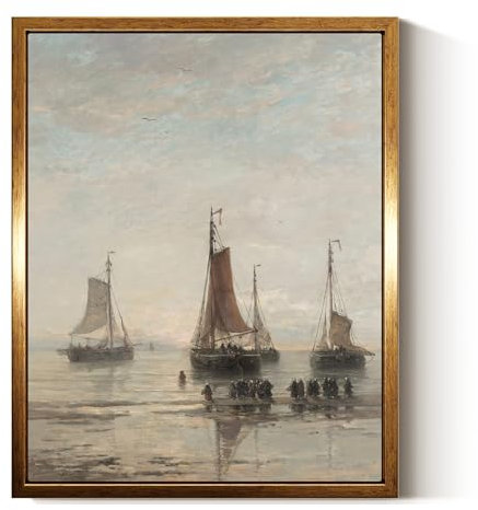 InSimSea Goldener gerahmter Vintage-Leinwand-Kunstdruck, Scheveningen-Schiffe vor Anker, 20,3 x 25,4 cm, Fischerboote, klassische Marine-Gemälde, Drucke, Raumdekoration, Heimbüro, Badezimmer,