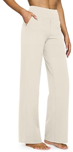 G4Free Yoga Pants with Pockets Wide Leg Trousers for Women UK Dress Ladies Stretch Work Trousers Casual Joggers Petite Ivory,M