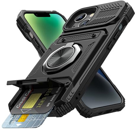 Coolden for iPhone 14 Plus Case with Card Holder [Max 2 Cards] Ring Kickstand Shockproof Military Grade Dual Layer Heavy Duty Protective Case Wallet Case Cover for iPhone 14 Plus Phone Case-Black