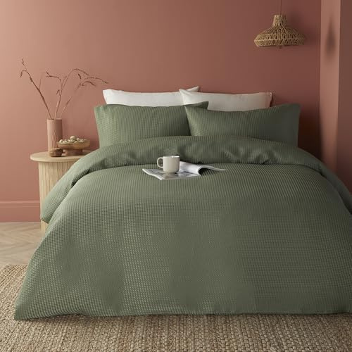 Serene Lindly Collection Bettwäsche-Set, Waffelmuster, Super-King-Size-Bett (260 x 220 cm), weich, strukturiert, Gittermuster, Pucker-Design, 2 Kissenbezüge, Khaki, quadratisch, Grün