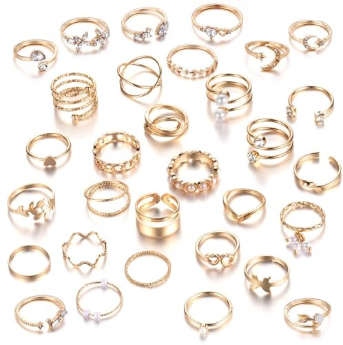 JSTHHTT 31 Stück Ringe Set für Damen Boho Gelenk Fingerringe Knöchel Ringe Stapelbare Offene Daumen Ringe Stapelbare Midi Ringe Set Ringe Frauen Ideal für Geburtstagsfeiern, Abschlussbälle Gold